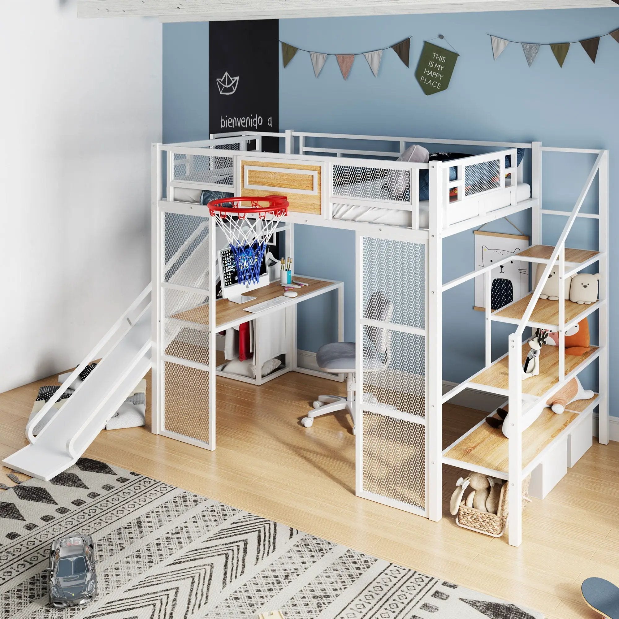 Loft Bed With Built In Desk, Open Wardrobe, Basketball Hoop, Slide And Staircase by Unique Piece Furniture