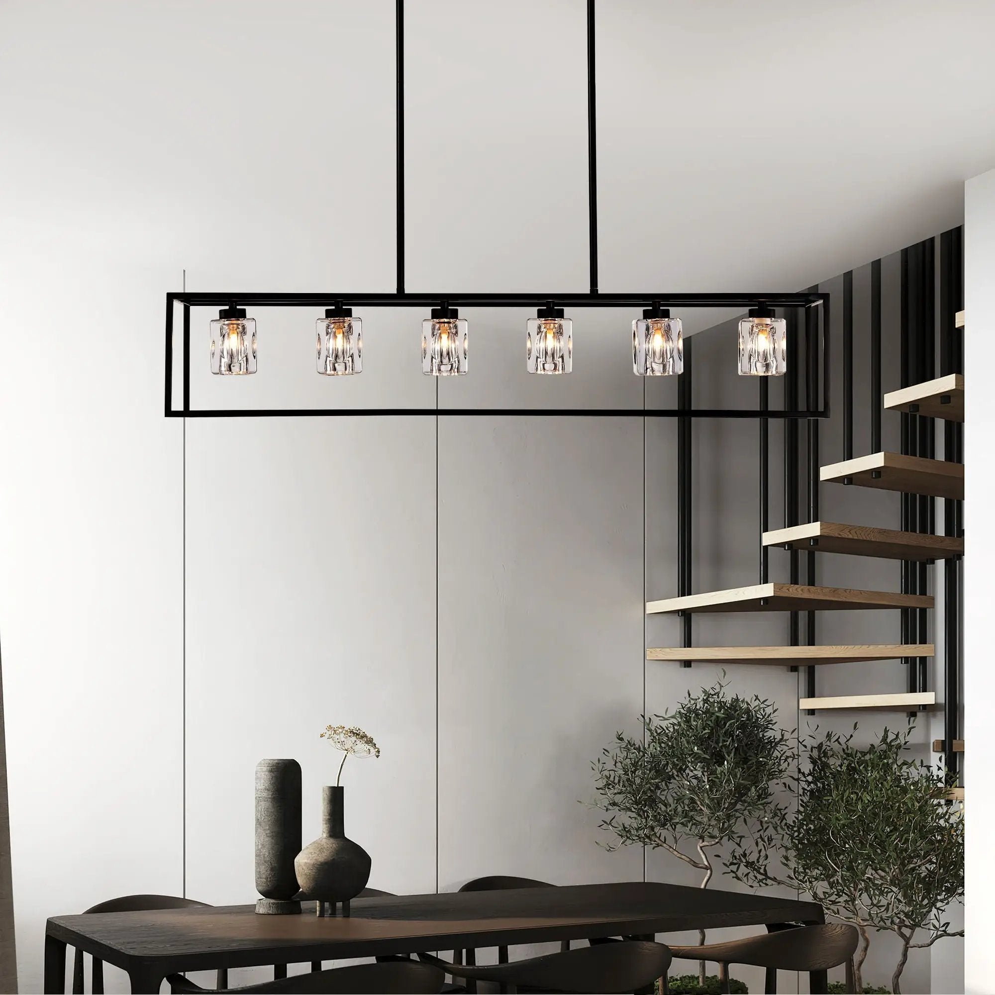 6 Light Farmhouse Chandelier, Modern Industrial Linear Rectangular Crystal Pendant Light Cage Chandelier For Dining Room, Kitchen Island, Bar, Long Table, G9*6 Bulbs Included - Matte Black by HouseOfZazla