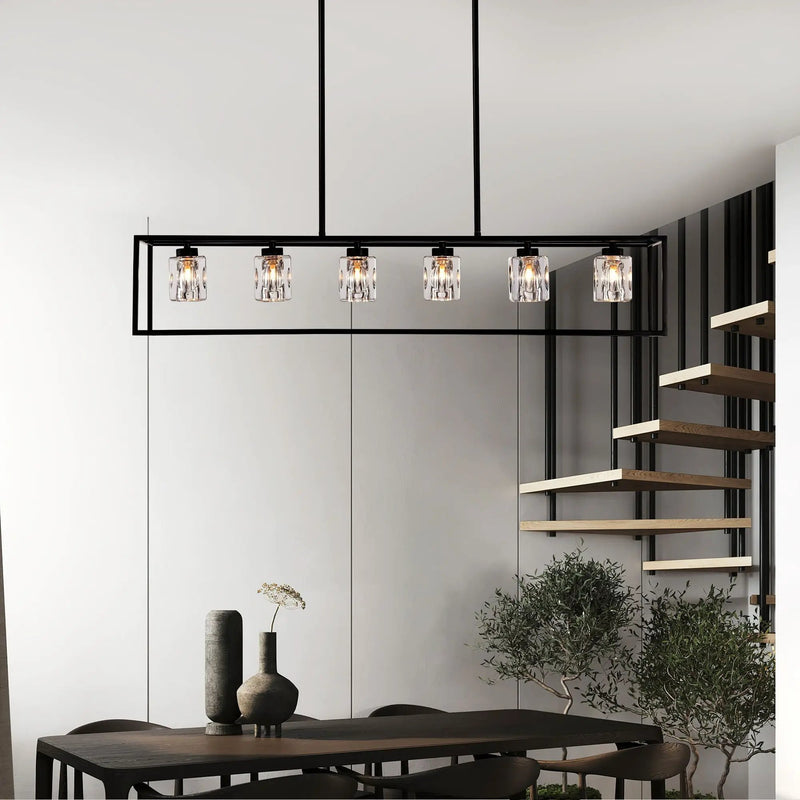 6 Light Farmhouse Chandelier, Modern Industrial Linear Rectangular Crystal Pendant Light Cage Chandelier For Dining Room, Kitchen Island, Bar, Long Table, G9*6 Bulbs Included - Matte Black by HouseOfZazla