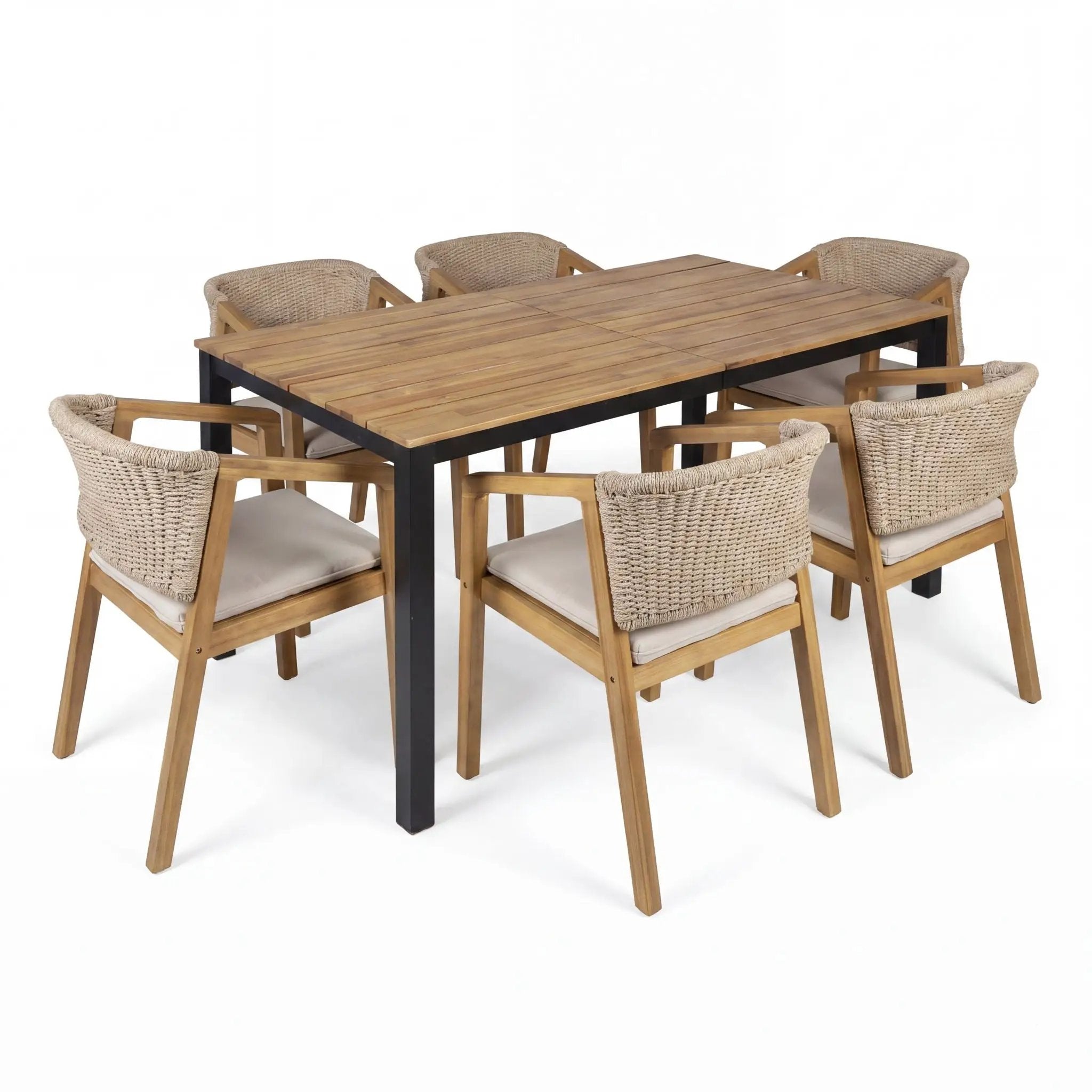7 Piece Outdoor Dining Set With Table And 6 Chairs - Beige / Brown Mix / Light Teak / Teak by HouseOfZazla