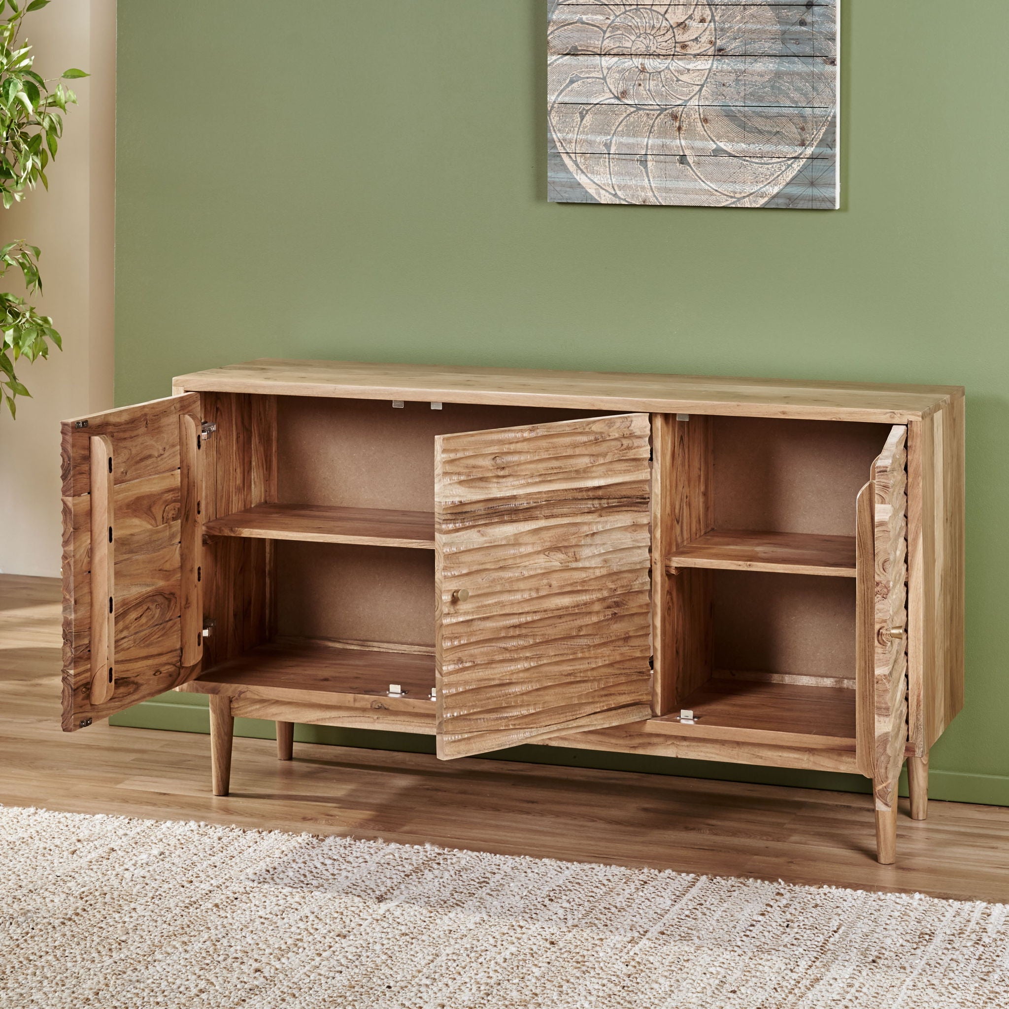 Boho Handcrafted 3 Door Sideboard, Carved Texture & Artisanal Charm - Natural by HouseOfZazla