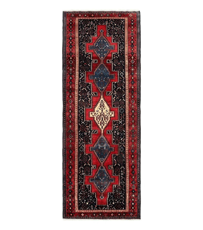 Persian Kurdish Senneh Runner Rug 3x9, Red Navy Blue, Medallions Wool Tribal Runner for Kitchen/Hallway 9ft Antique Handmade Oriental Runner by Jewel Rugs