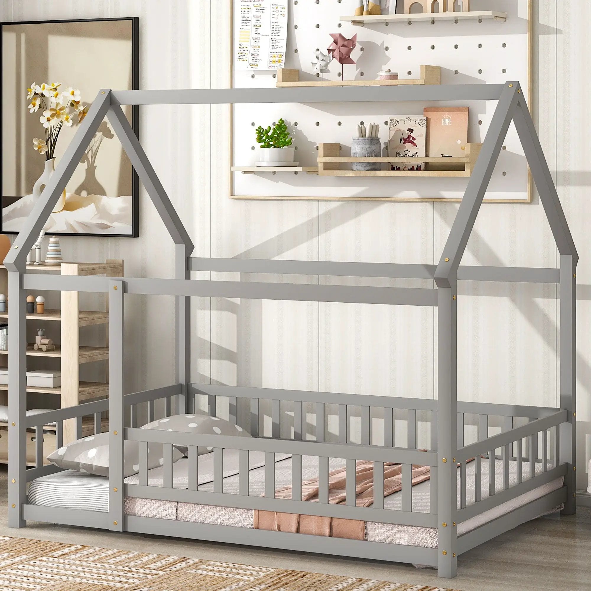 Floor Wooden Bed With House Roof Frame, Fence Guardrails by HouseOfZazla