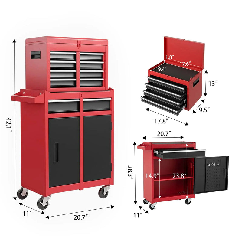 Tool Chest, 5 Drawer Rolling Tool Storage Cabinet With Detachable Top Tool Box, Liner, Universal Lockable Wheels, Adjustable Shelf, Locking Mechanism, Metal Tool Cart For Garage Workshop by HouseOfZazla