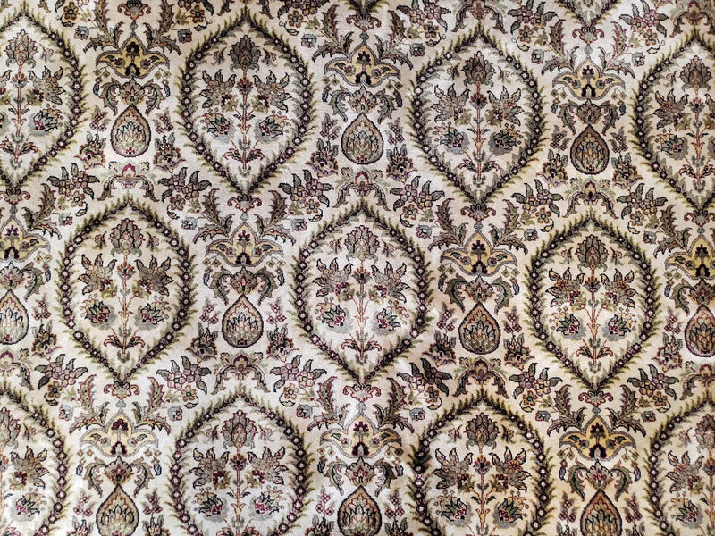 Vintage Indo Persian Area Rug 9x12, Wool Hand-Knotted Ivory & Dark Red Oriental Carpet, Fine Weave 9 x 12 Indian Rug, Dining Room Rug by Jewel Rugs