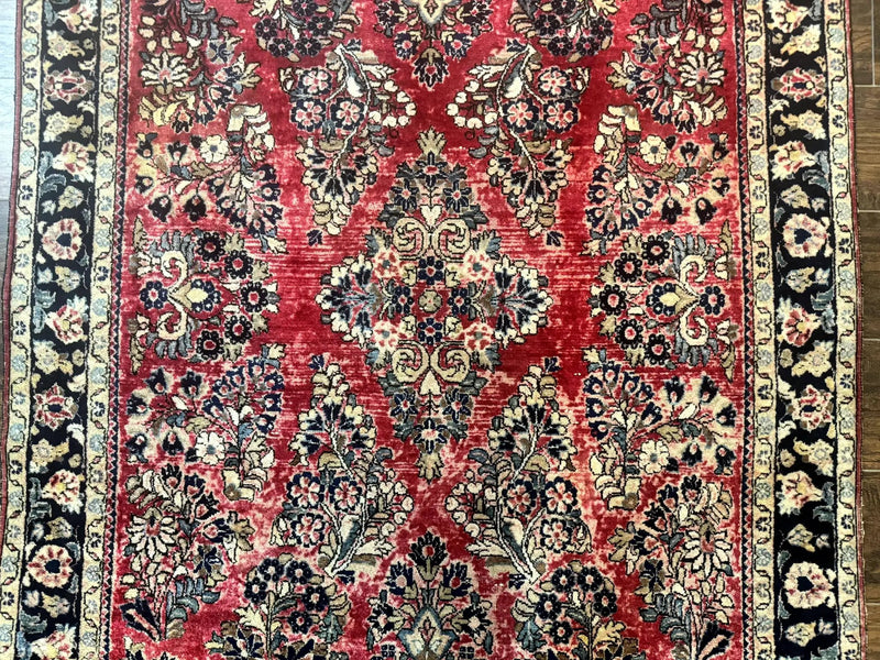 Antique Persian Sarouk Rug 4x7, Floral, Red 1920s Persian Wool Carpet by Jewel Rugs