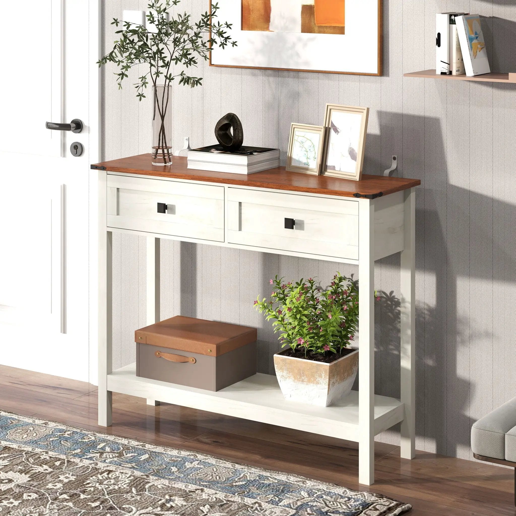 Farmhouse Style Console Table With 2 Drawers And Bottom Storage Shelf by Unique Piece Furniture