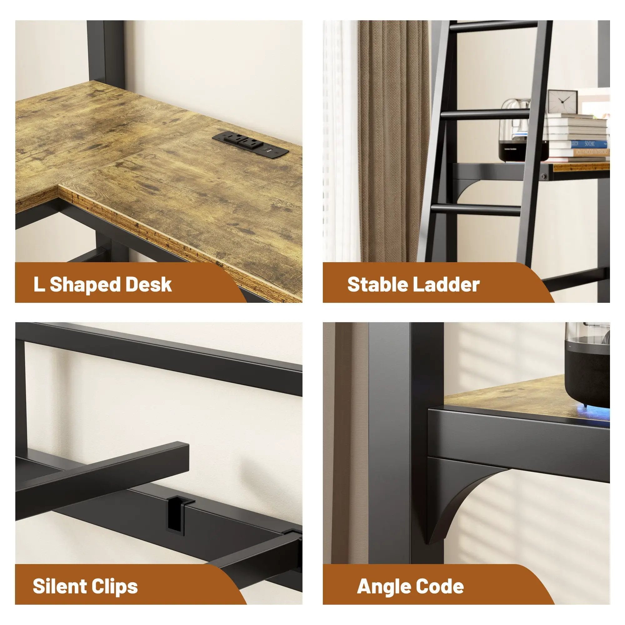 Twin Metal Loft Bed With L - Shaped Desk, Charging Station Loft Bed Frame Twin Size, Safety Guard & Ladder, No Box Spring Needed - Black by Unique Piece Furniture