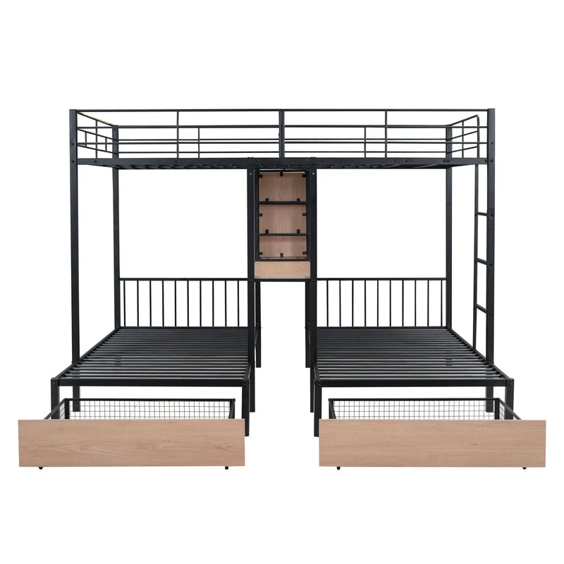 Triple Bunk Bed With Drawers, Multi-Functional Frame With Desks And Shelves In The Middle by Unique Piece Furniture