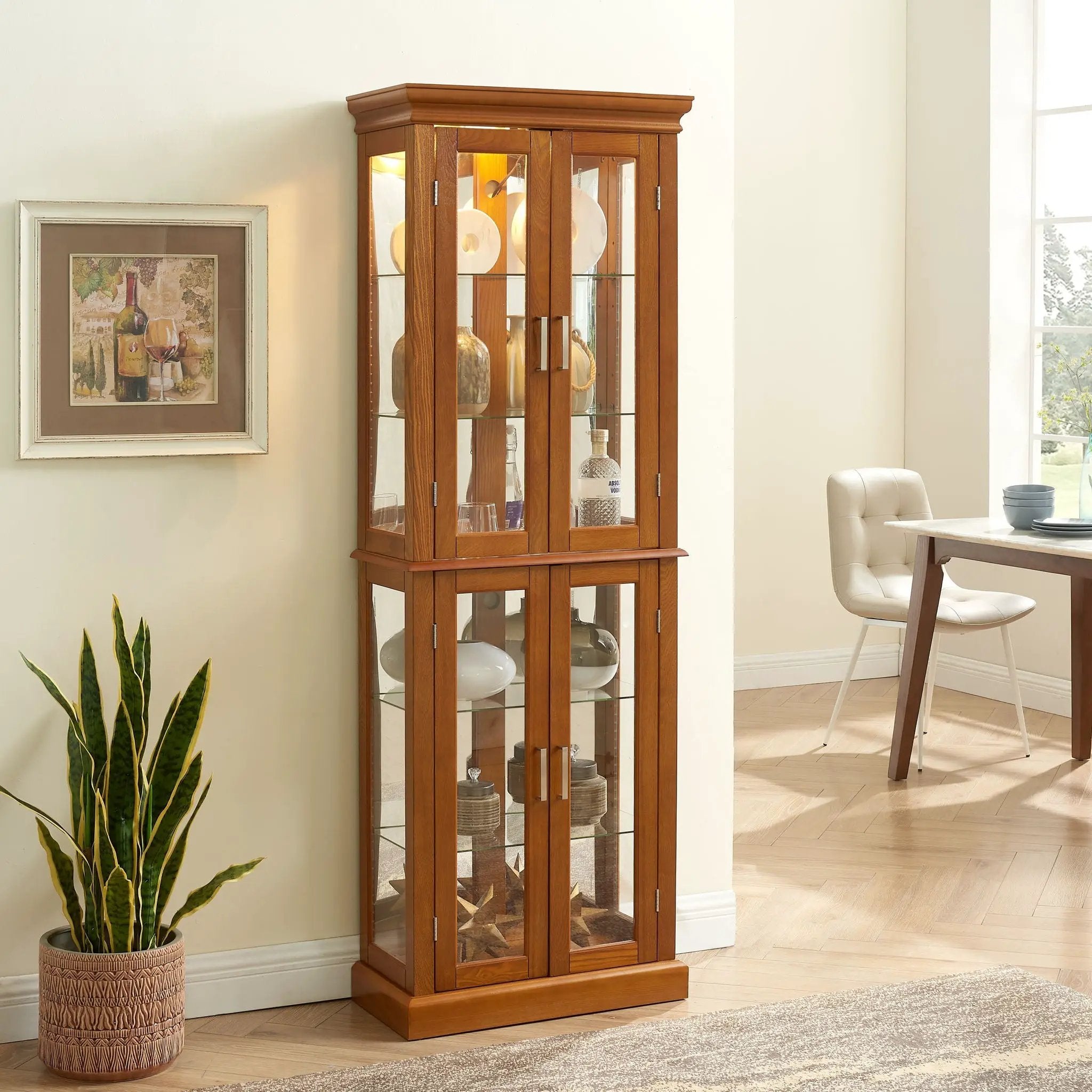 Curio Cabinet Lighted Curio Diapaly Cabinet With Adjustable Shelves And Mirrored Back Panel, Tempered Glass Doors (6 Tier), (E26 Light Bulb Not Included) by Unique Piece Furniture