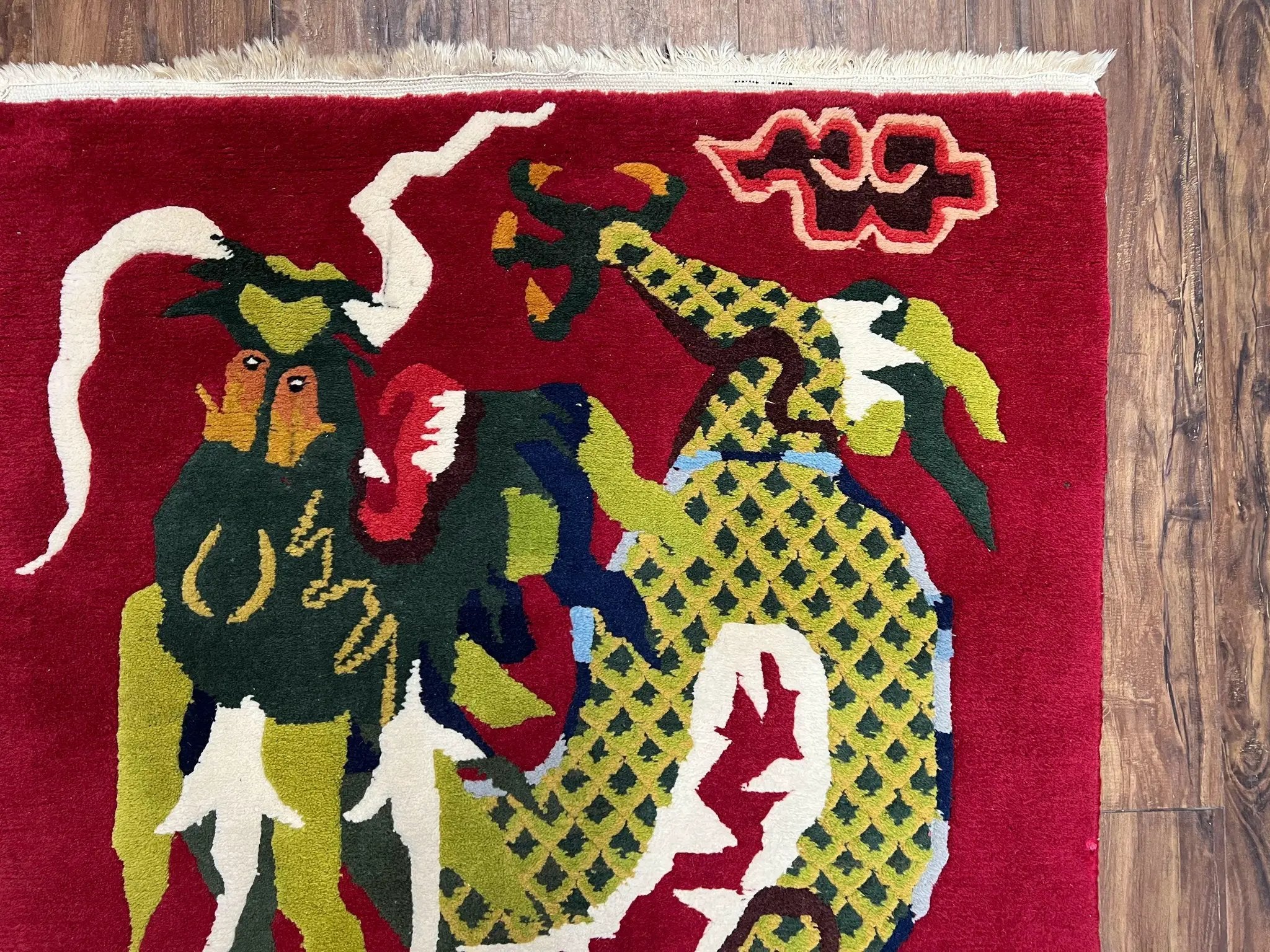 Vintage Chinese Dragon Rug 3 x 6.8, Handmade Hand Knotted Red Chinese Carpet with Gold Dragon, Art Deco Peking Soft Chinese Rug Runner by Jewel Rugs