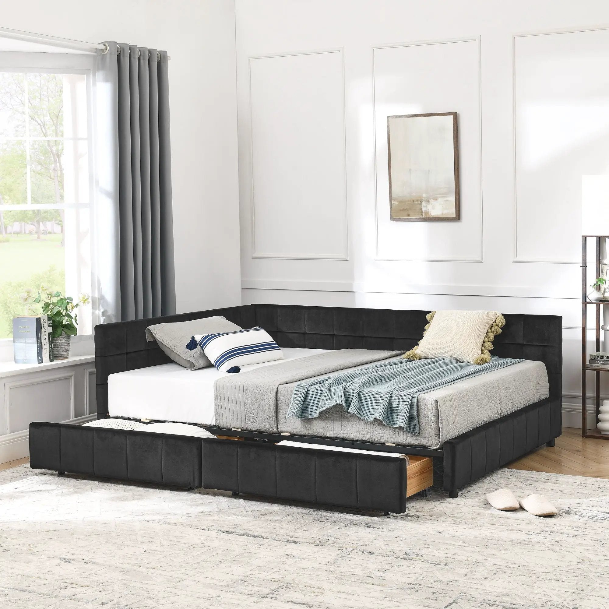 Mid-Century Storage Upholstered Tufted Bed Frame With Backrest And Armrests by HouseOfZazla