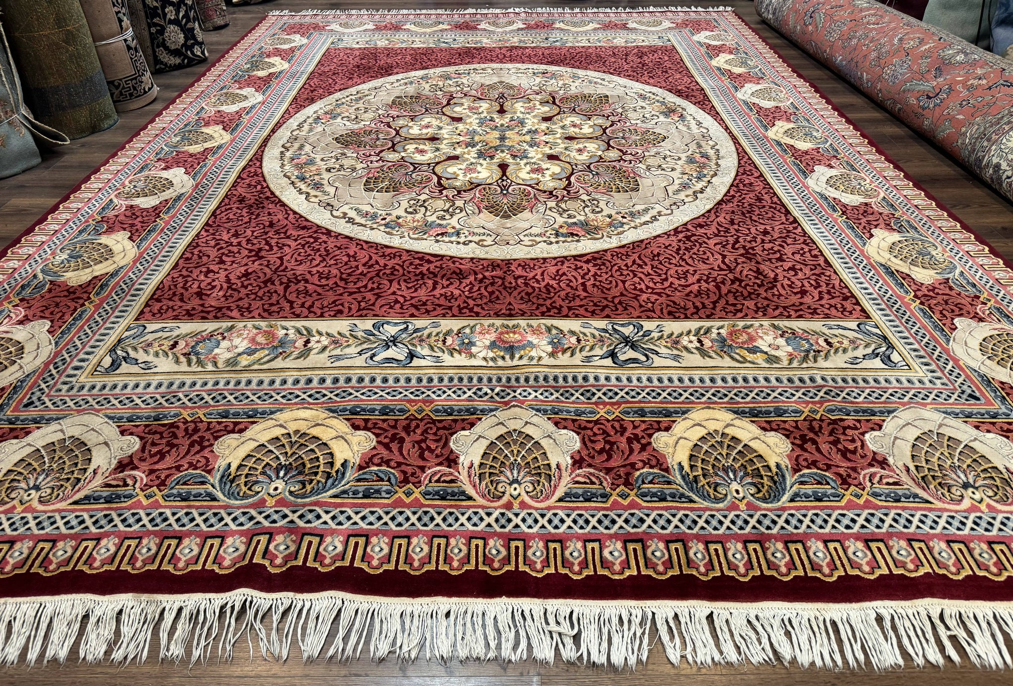 Wonderful Aubusson Rug 10x14, Red Maroon, Elegant, Fine 200 KPSI by Jewel Rugs