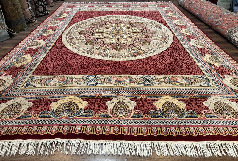 Wonderful Aubusson Rug 10x14, Red Maroon, Elegant, Fine 200 KPSI by Jewel Rugs