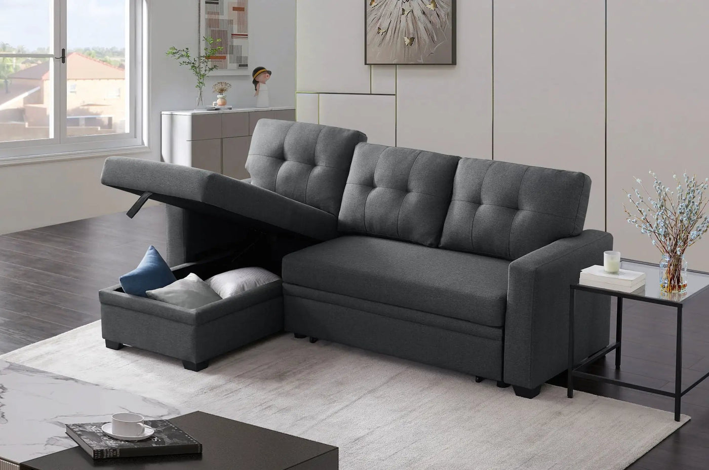Upholstered Pull Out Sectional Sofa With Chaise by Unique Piece Furniture