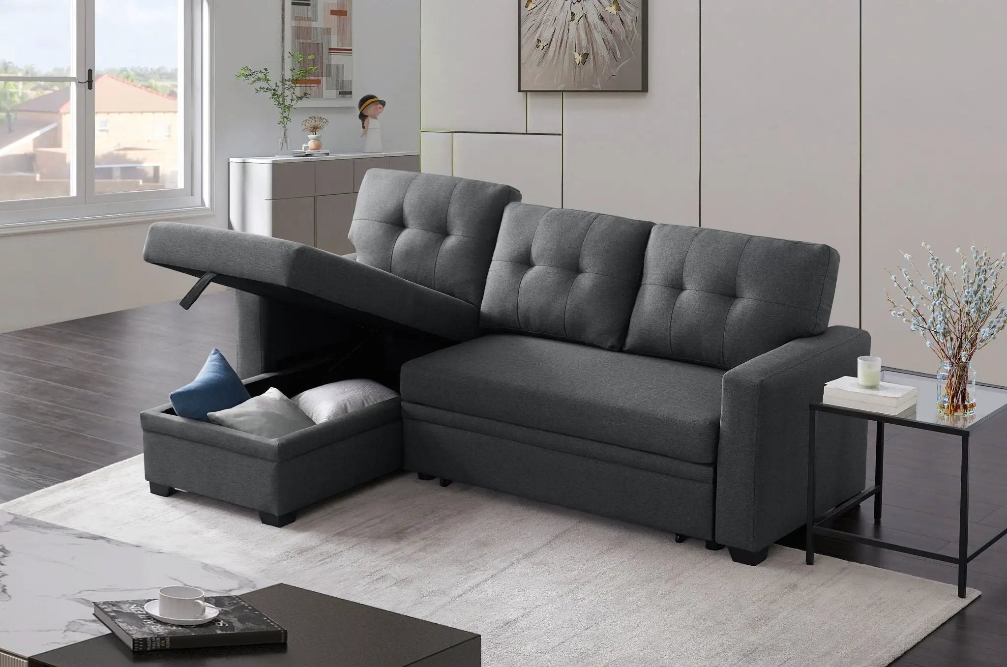 Upholstered Pull Out Sectional Sofa With Chaise by HouseOfZazla