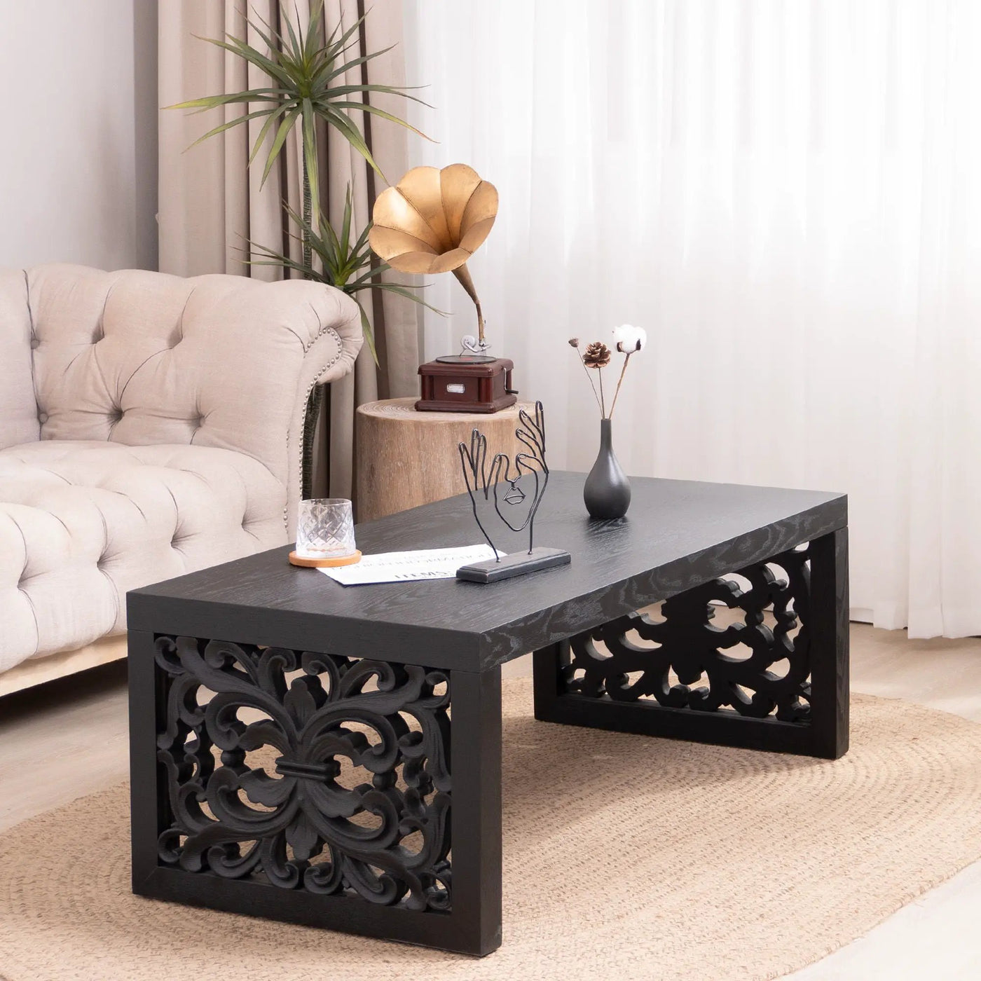 Rustic Carved Wood Coffee Table, Handcrafted Look With Ornate Side Panels by HouseOfZazla