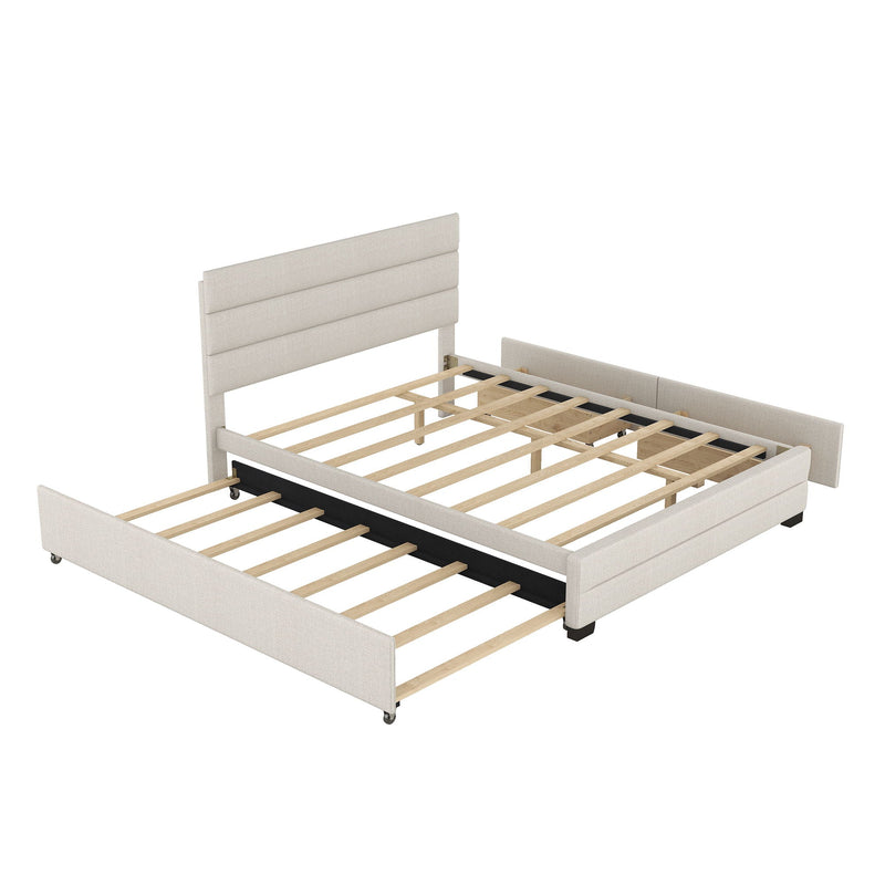 Queen Platform Bed With Twin Trundle And 2 Storage Drawers - Beige by HouseOfZazla