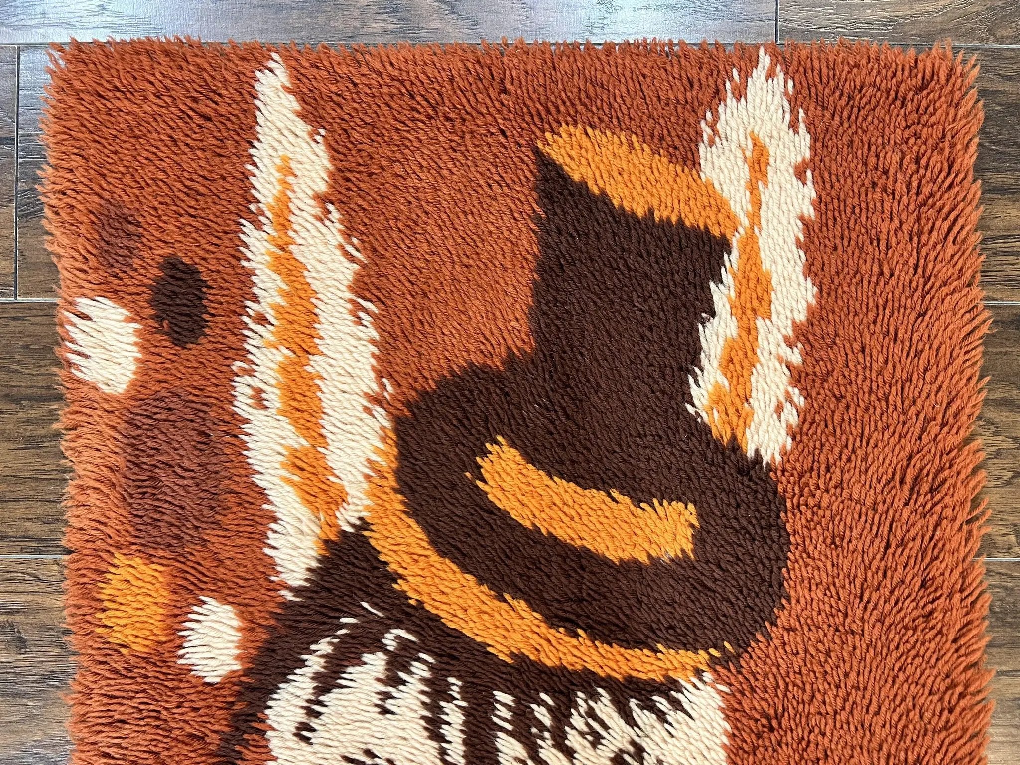 Rya Shag Rug 2x4, Rabbit in Top Hat, Wool, Orange, Vintage 1960s Danish Shag Rug by Jewel Rugs