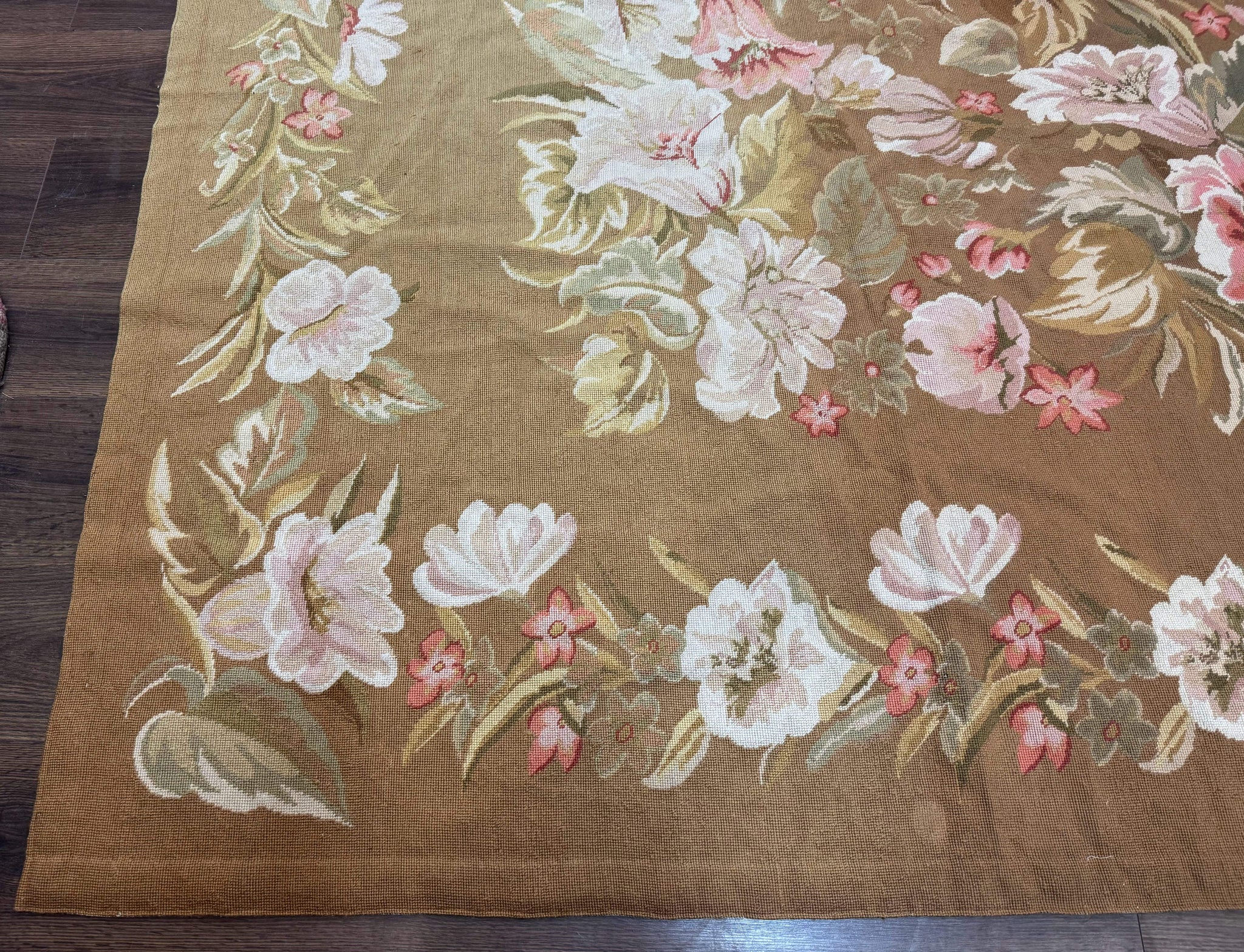 Large Needlepoint Rug 11x14, Vintage Floral Wool Carpet, Caramel by Jewel Rugs