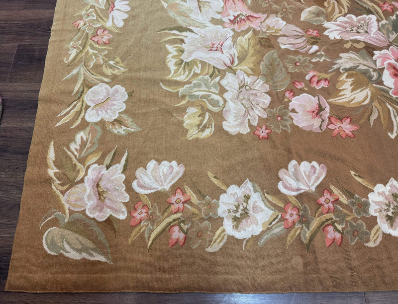 Large Needlepoint Rug 11x14, Vintage Floral Wool Carpet, Caramel by Jewel Rugs