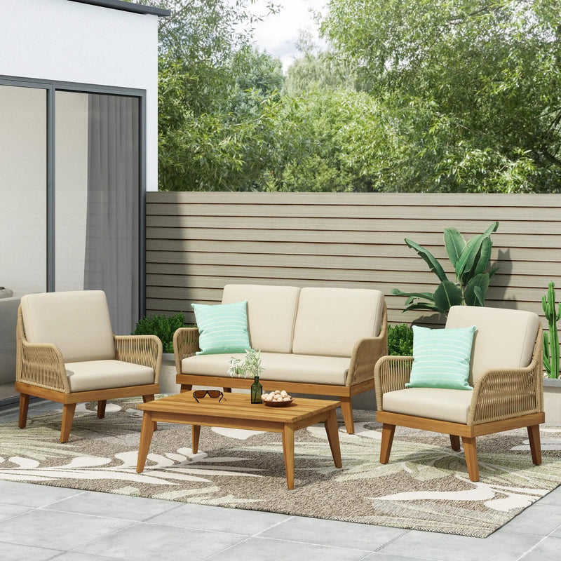 Hueber Outdoor And Rope 4 Seater Chat Set With Cushions - Teak by HouseOfZazla