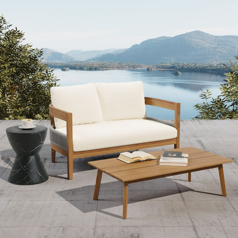 Porto Outdoor Loveseat & Table - Beige / Teak by HouseOfZazla