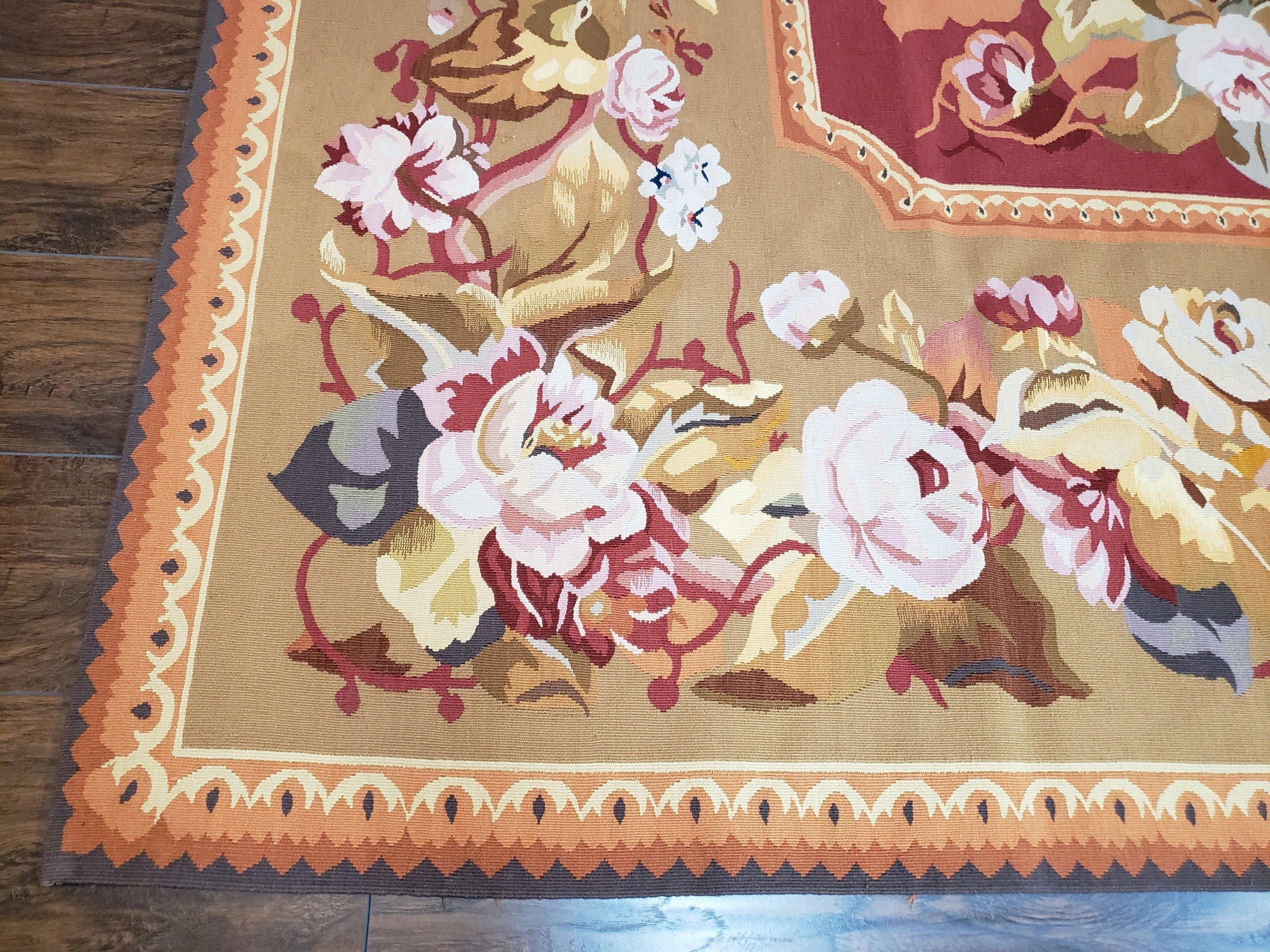 Vintage Chinese Aubusson Savonnerie Flat Pile Rug 9.9 x 14.5 Wool Handwoven Red & Khaki Large Flowers Rug 9x14 - 10x15 Michaelian Kolhberg by Jewel Rugs