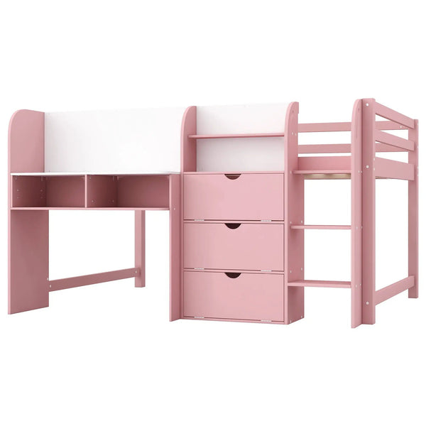 Low Loft Bed With Built In Desk, Storage Cabinets, Open Bookcase And Doodle board