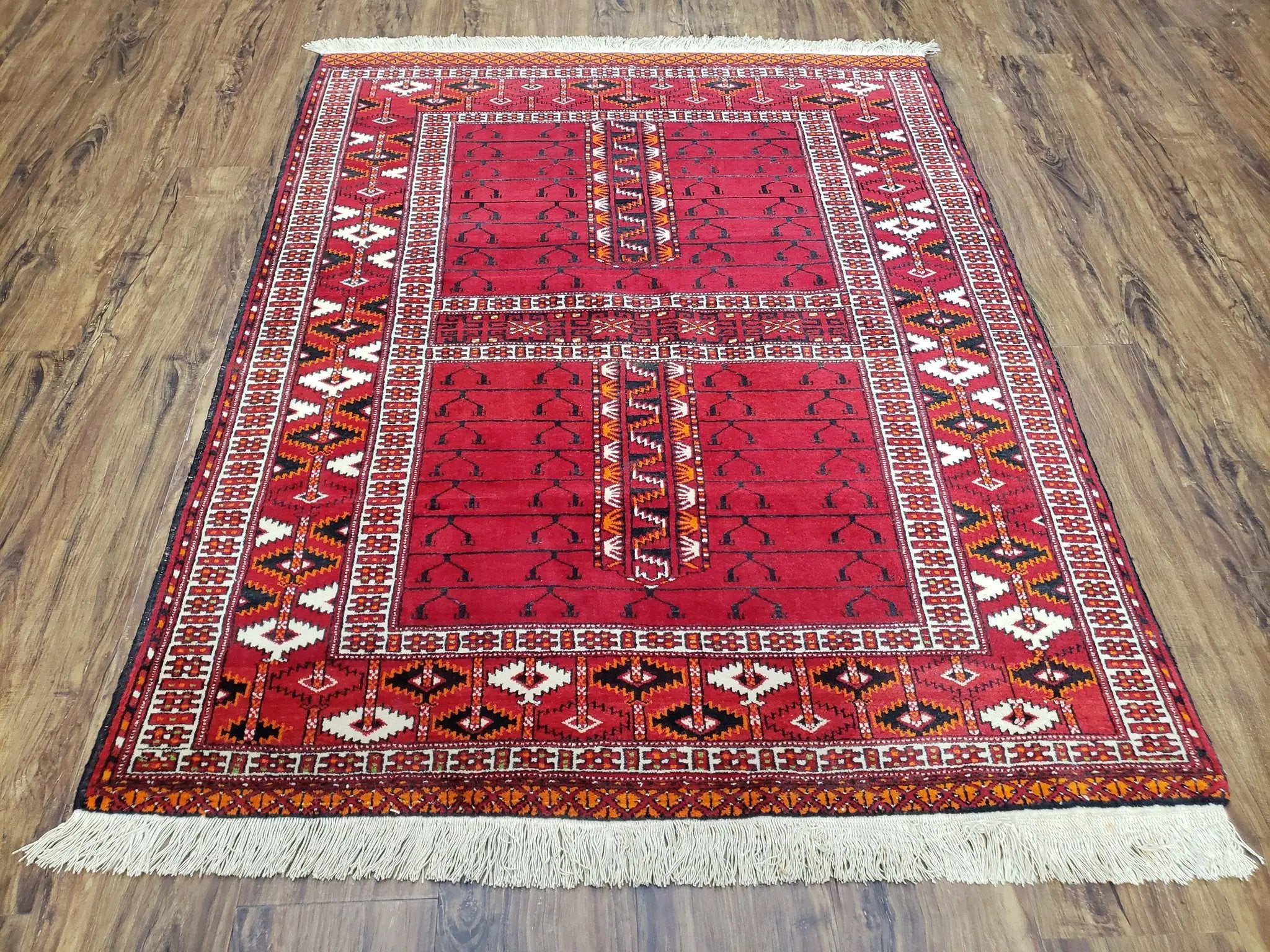 Antique Persian Turkoman Rug 4x5, Hatchli Tekkeh Ersari Red Tribal Rug, Handmade Wool Oriental Carpet, Four Seasons Rug by Jewel Rugs