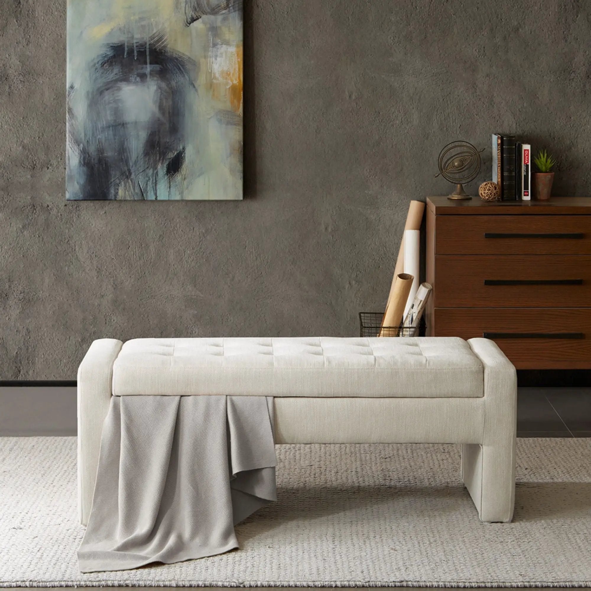 Elegant Soft Close Storage Bench Polyester Upholstery - Cream by Unique Piece Furniture