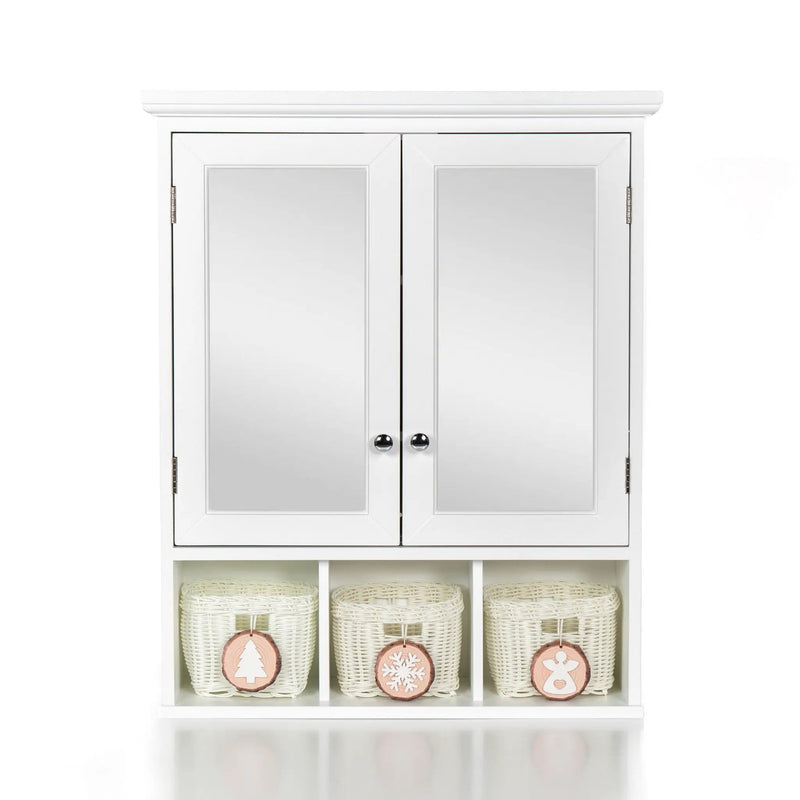 Bathroom Storage Cabinet, Medicine Cabinets For Bathroom With Mirror, 2 Doors 2 Adjustable Shelf & 3 Christmas Style Storage Basket - White by Unique Piece Furniture