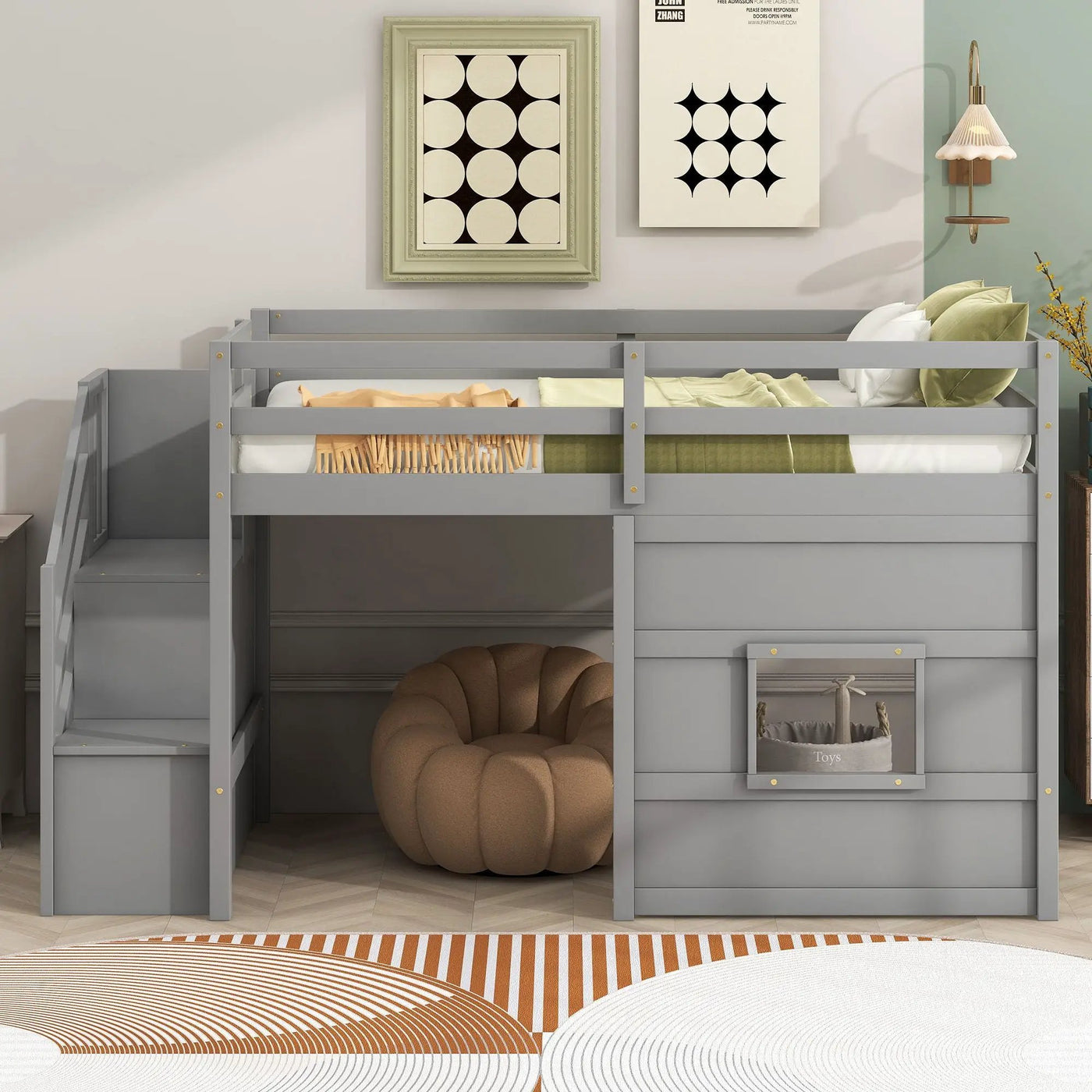 Loft Bed With Storage Staircase, Window & LED Light by HouseOfZazla