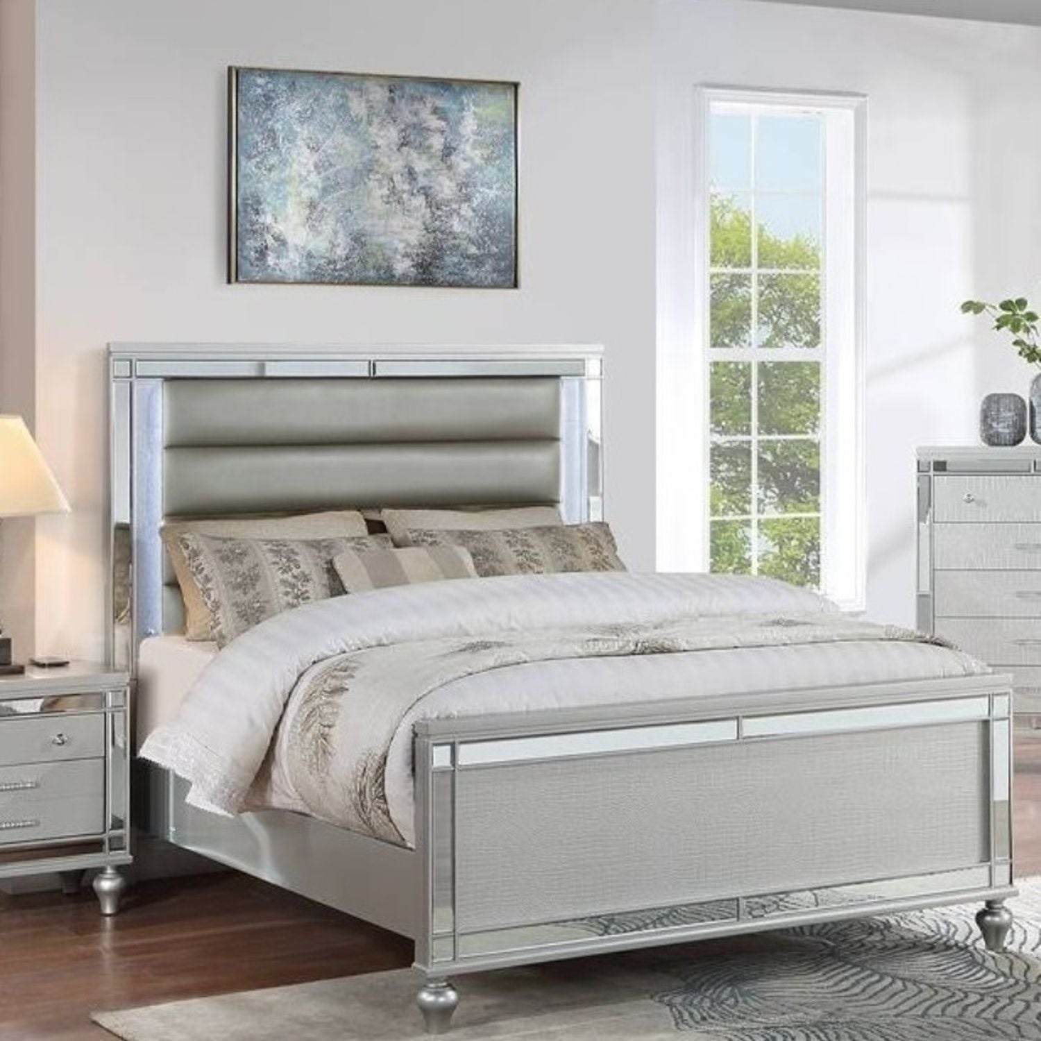 Modern Bed With LED Lights And Glass Panels, 2 Nightstands by HouseOfZazla