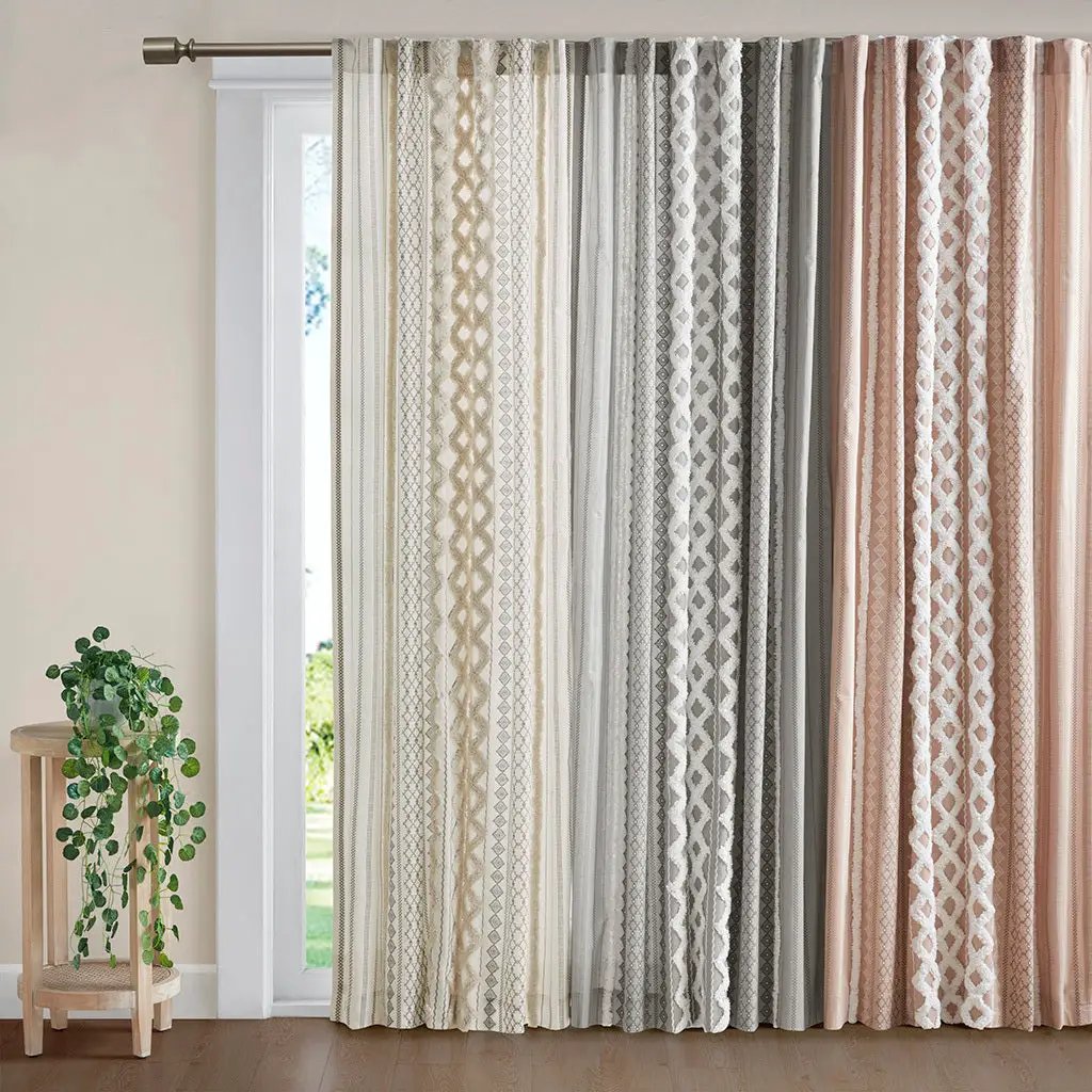 Cotton Printed Curtain Panel with Chenille Stripe and Lining Ivory 50x95 by HouseOfZazla