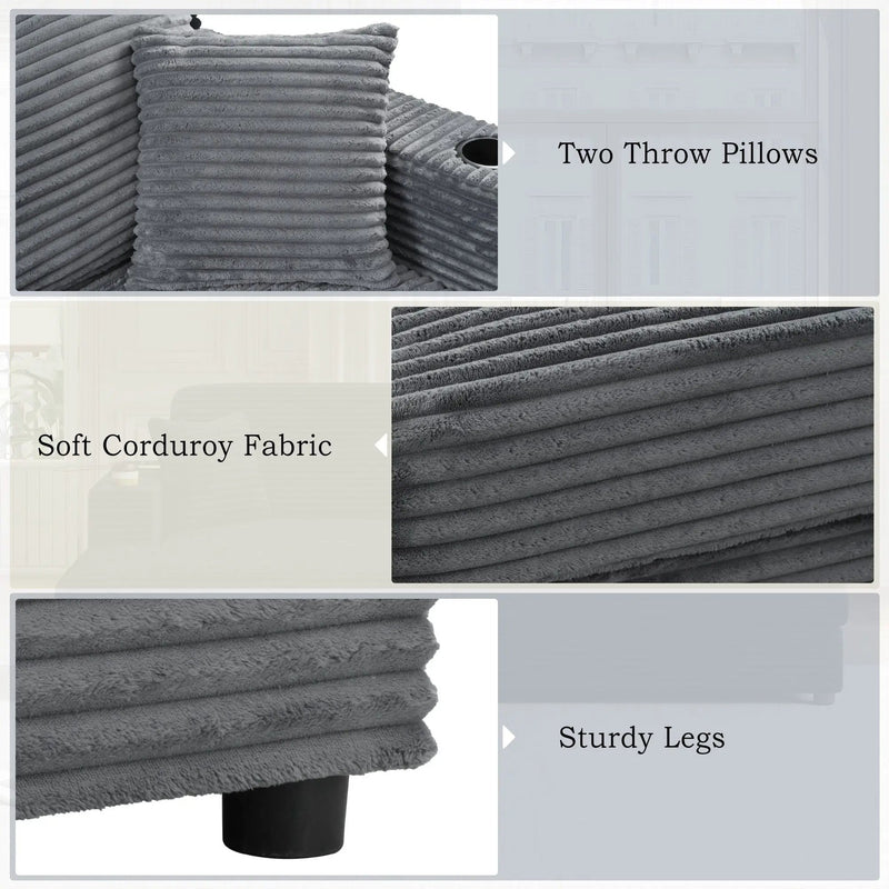 Oversized Loveseat Chaise With 2 USB Ports, 2 Cup Holders And 2 Throw Pillows by Unique Piece Furniture