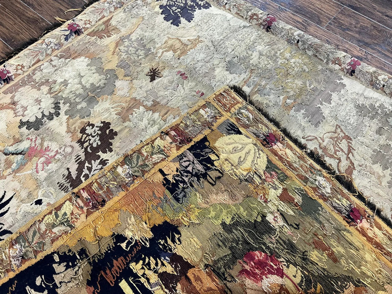 Antique French Tapestry 6x5 ft, European Handmade Wool Aubusson Weave Vintage Tapestry by Jewel Rugs