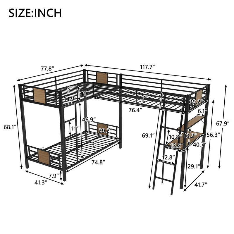 L-Shaped Twin Over Twin Bunk Bed With Twin Size Loft Bed With Desk And Shelf - Brown by HouseOfZazla