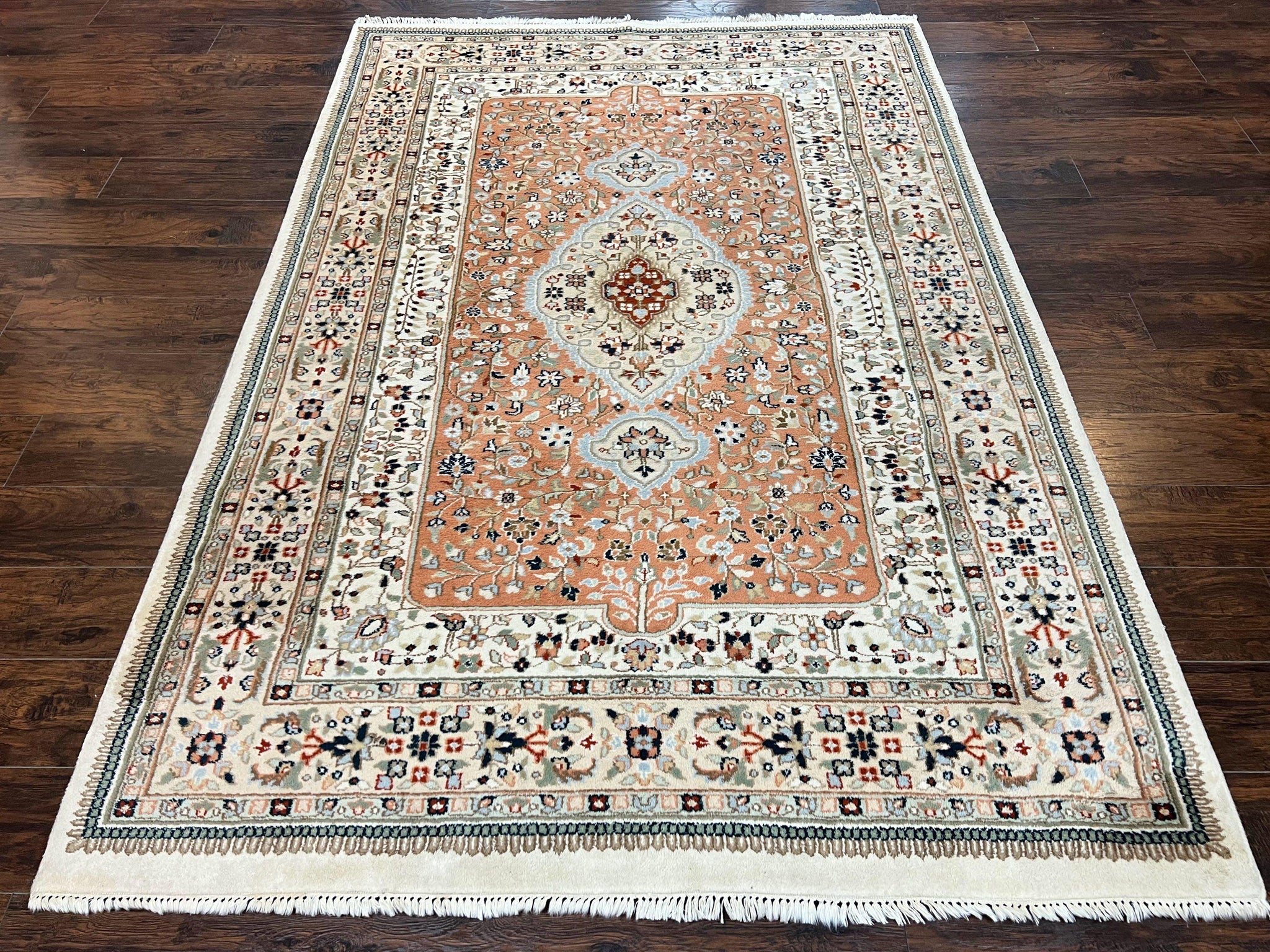 Indo Persian Rug 6x9, Wool Hand Knotted Vintage Carpet, Salmon & Ivory, Traditional Oriental Rug 6 x 9 by Jewel Rugs