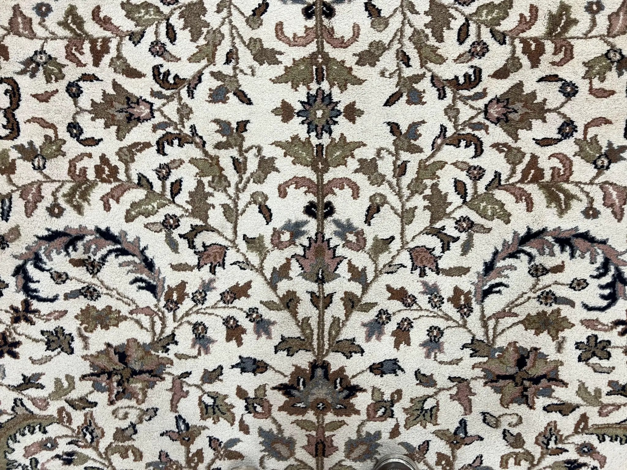 Indo Kirman Rug 8x12 Allover Floral Design, Ivory/Cream Brown, Vintage Handmade Hand Knotted Rug, Traditional Wool Persian Carpet 8 x 12 by Jewel Rugs