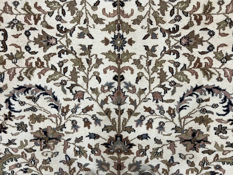 Indo Kirman Rug 8x12 Allover Floral Design, Ivory/Cream Brown, Vintage Handmade Hand Knotted Rug, Traditional Wool Persian Carpet 8 x 12 by Jewel Rugs