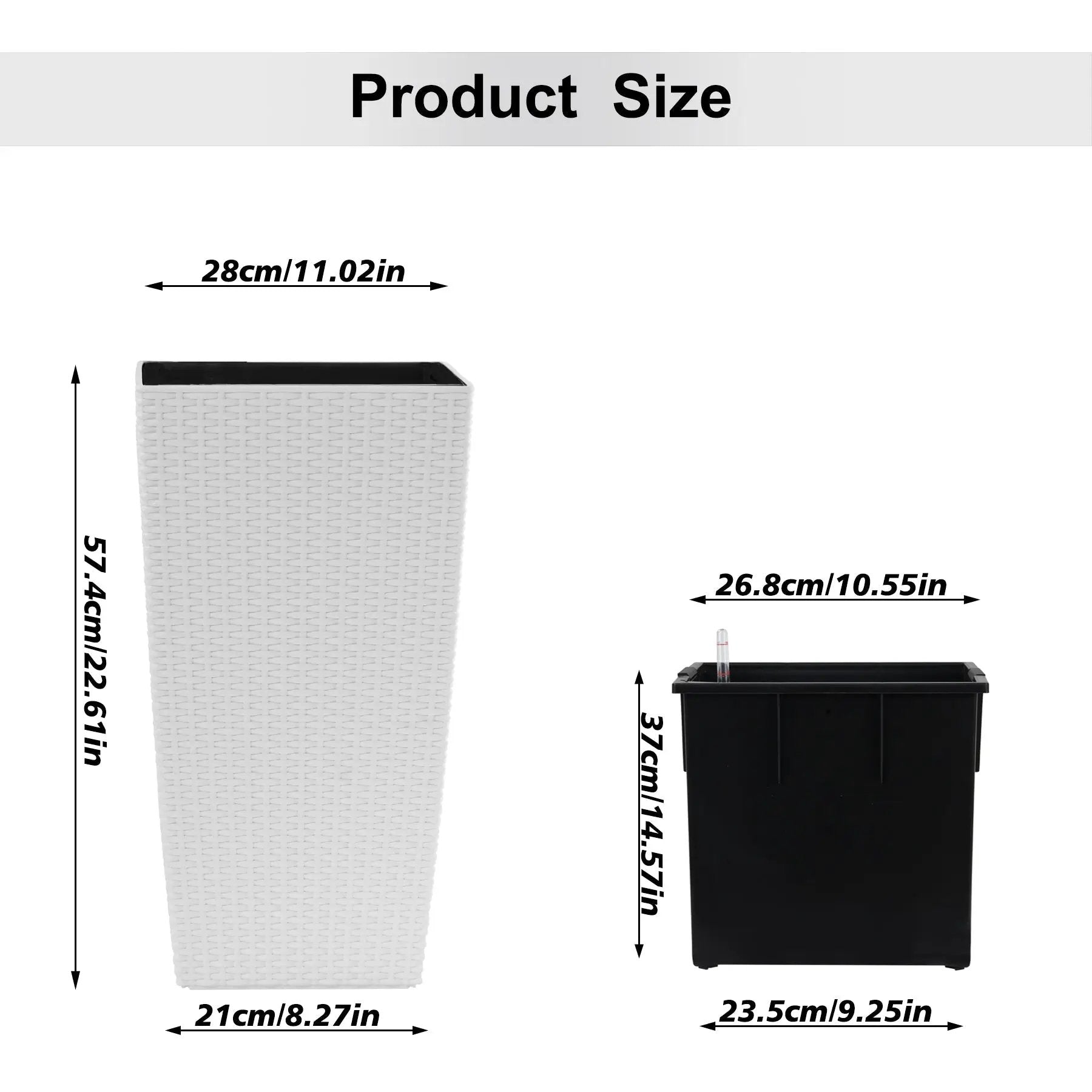 Indoor/Outdoor Modern Faux Rattan Design Square Planter, 22.6 inch White Plastic Large Planter with Automatic Watering System for Home and Garden (White, 22.6 inch - 2 Pack) by HouseOfZazla