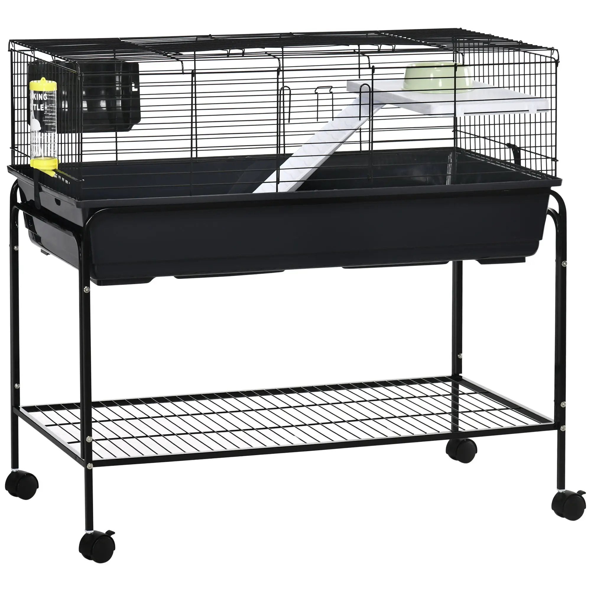Pawhut - Two-Story Small Animal Cage Removable From Stand, Guinea Pig Cage, Hedgehog Cage, Chinchilla Cage, Ferret, With Shelf & Wheels, Pet Habitat - Black by HouseOfZazla