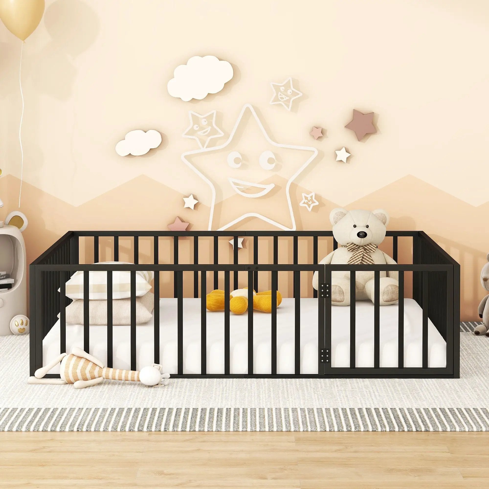Metal Floor Bed Frame With Fence And Door by HouseOfZazla
