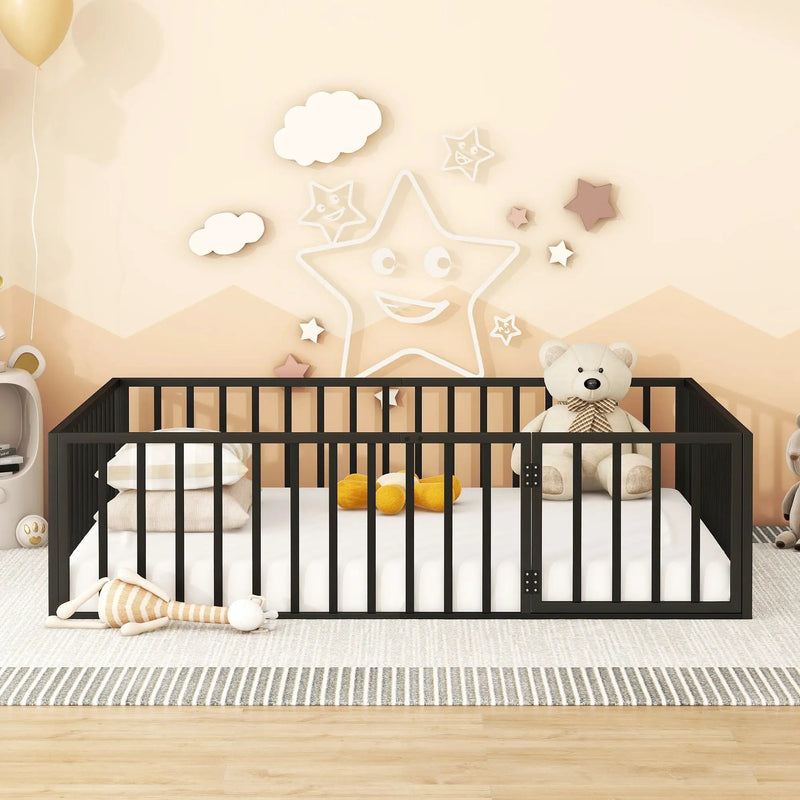 Metal Floor Bed Frame With Fence And Door by HouseOfZazla