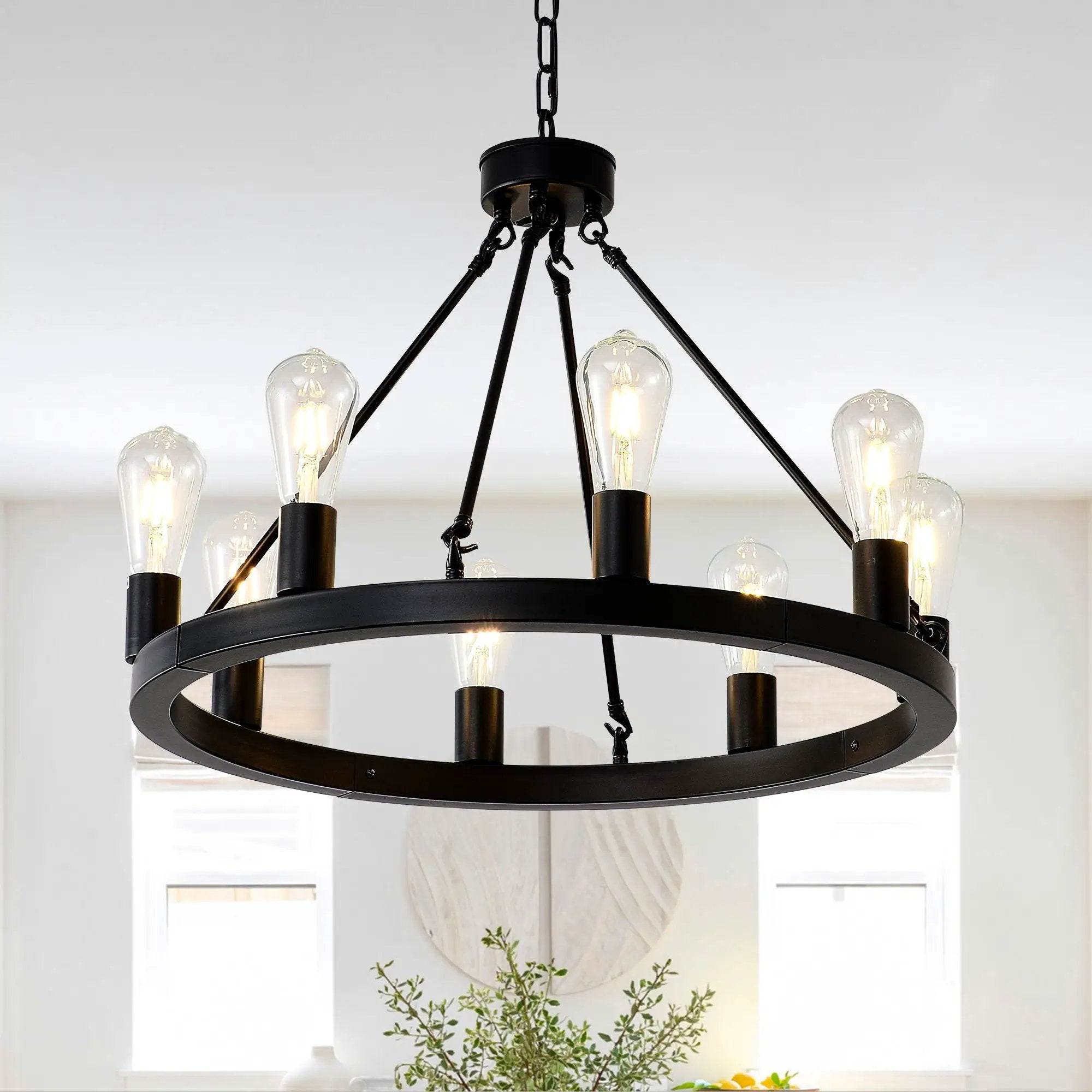 6 Light (No Bulbs) Wagon Wheel Chandelier Farmhouse Modern Small Round Chandelier For Living Room Kitchen Island Foyer Hallway Entryway Bedroom Dining Room Light Fixture Ceiling Hanging - Matte Black by HouseOfZazla
