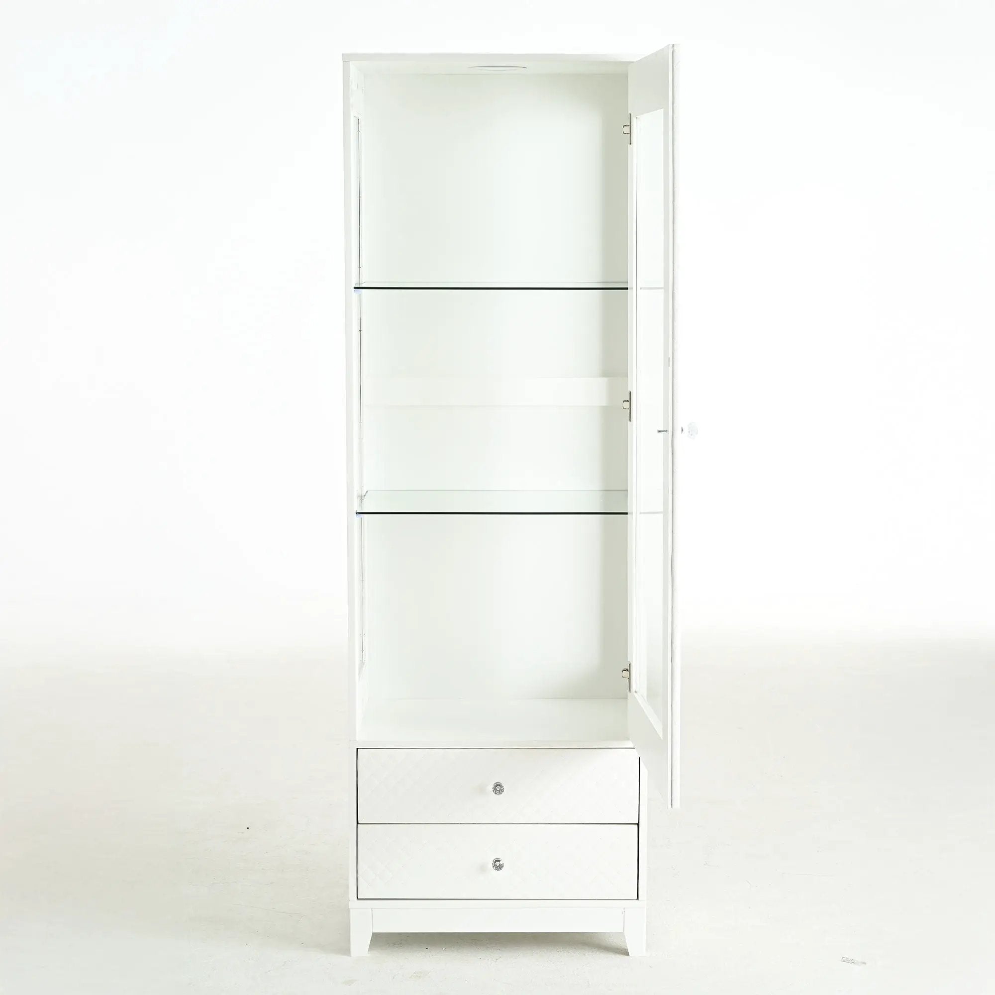 Modern Upholstered Glass Display Cabinet With Adjustable LED Light - White