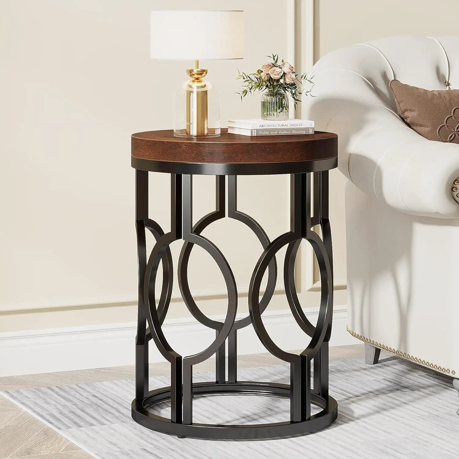 Round End Table Nightstand For Living - Brown / Black by HouseOfZazla