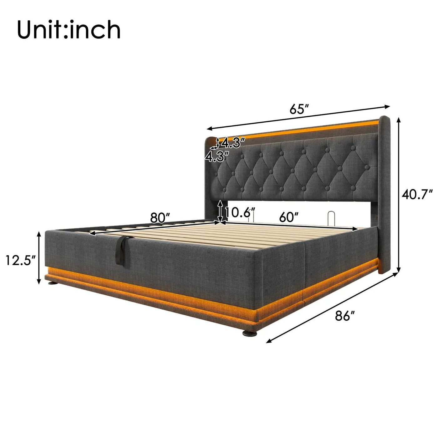 Upholstered Bed, 360 Surround LED Function, Remote Control, Hydraulic Storage Bed With USB, Type-C Charging (Without Mattress) by Unique Piece Furniture