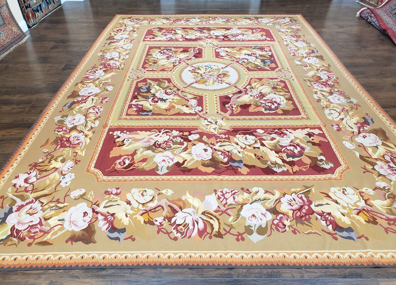 Vintage Chinese Aubusson Savonnerie Flat Pile Rug 9.9 x 14.5 Wool Handwoven Red & Khaki Large Flowers Rug 9x14 - 10x15 Michaelian Kolhberg by Jewel Rugs